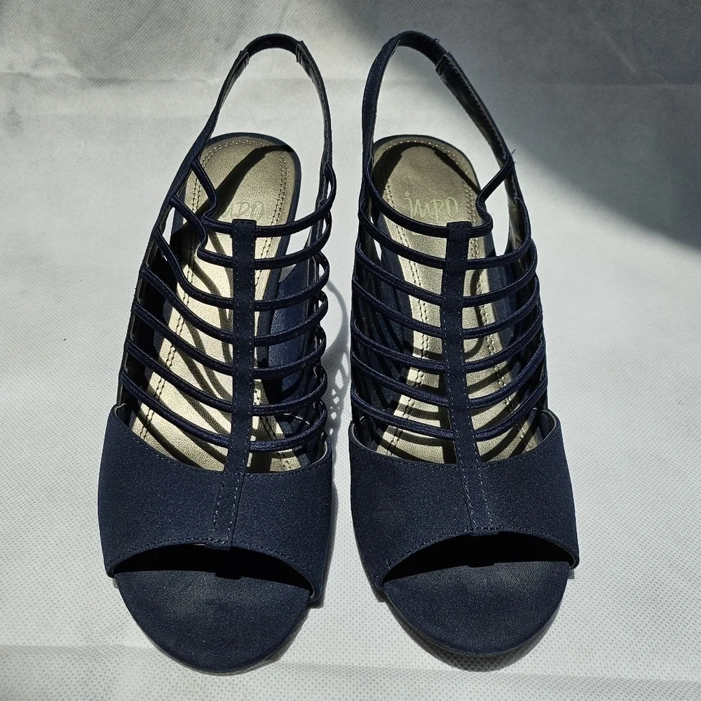 Impo Stretch Vila Navy Blue Fabric Strappy Slingback 3in Heels Size 9